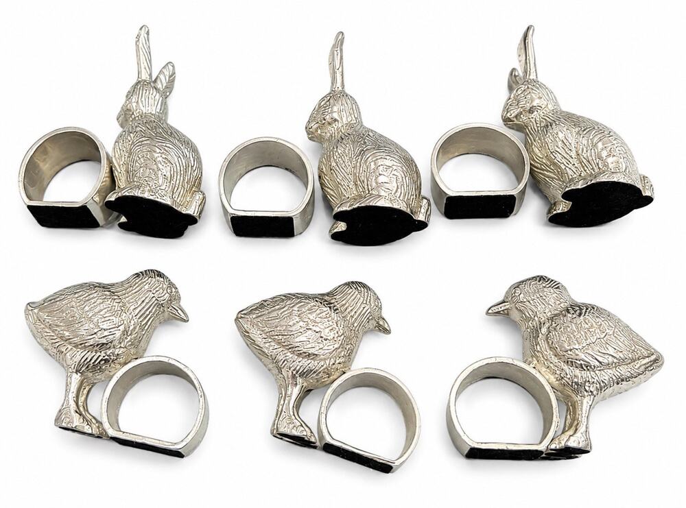Vintage 3 Rabbit + 3 Chicks Napkin Rings Silver Metallic Lot of 6